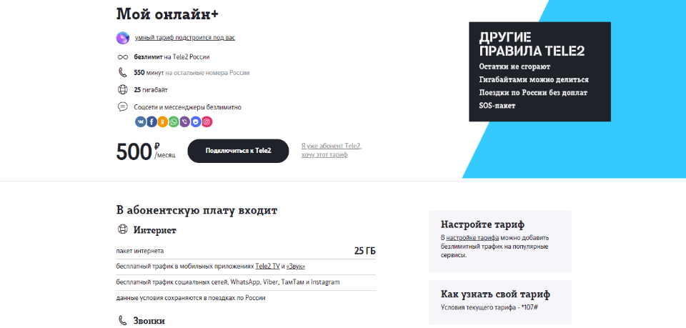 Тариф «Мой онлайн+» Теле2 для звонков и интернета в Ростовской области на 2019 год